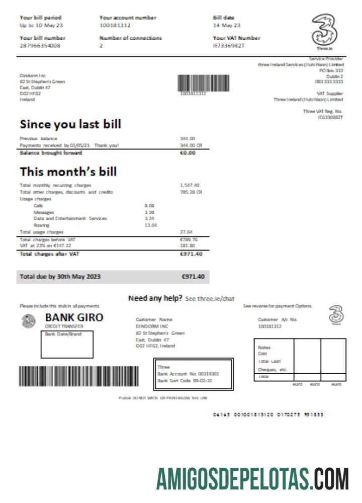 Three Ireland (Hutchison) Limited Utility Business Bill, GO exemplo real